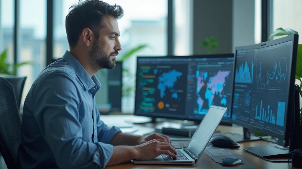 IT-специалист работает с цифровыми инструментами и аналитикой данных на ноутбуке