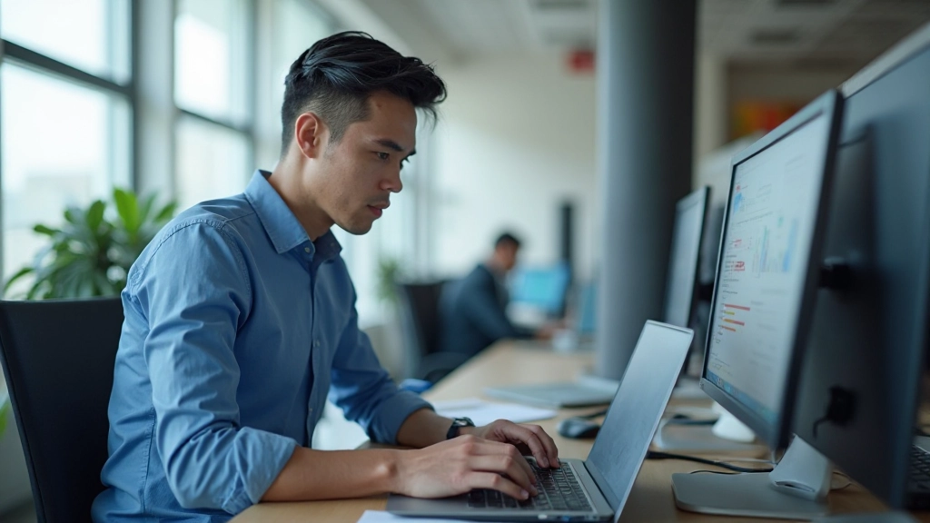 Профессионал работает с цифровыми инструментами и аналитикой на современном рабочем месте